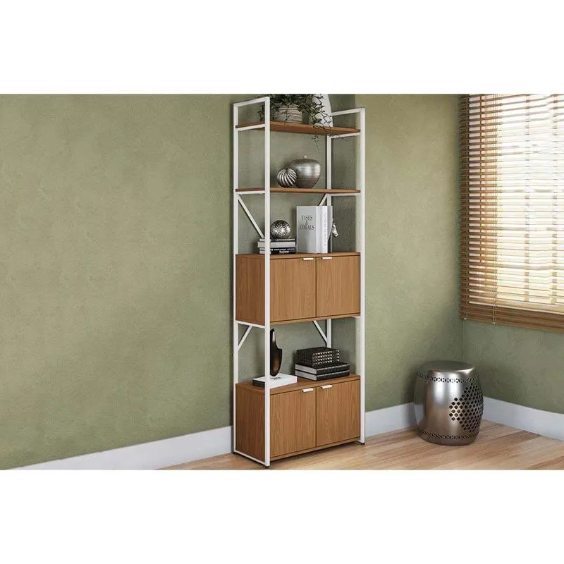 Estante Livreiro Solteiro Industrial Alta Li018 C/ 4 Portas 72x200cm Canela/branco - Kappesberg