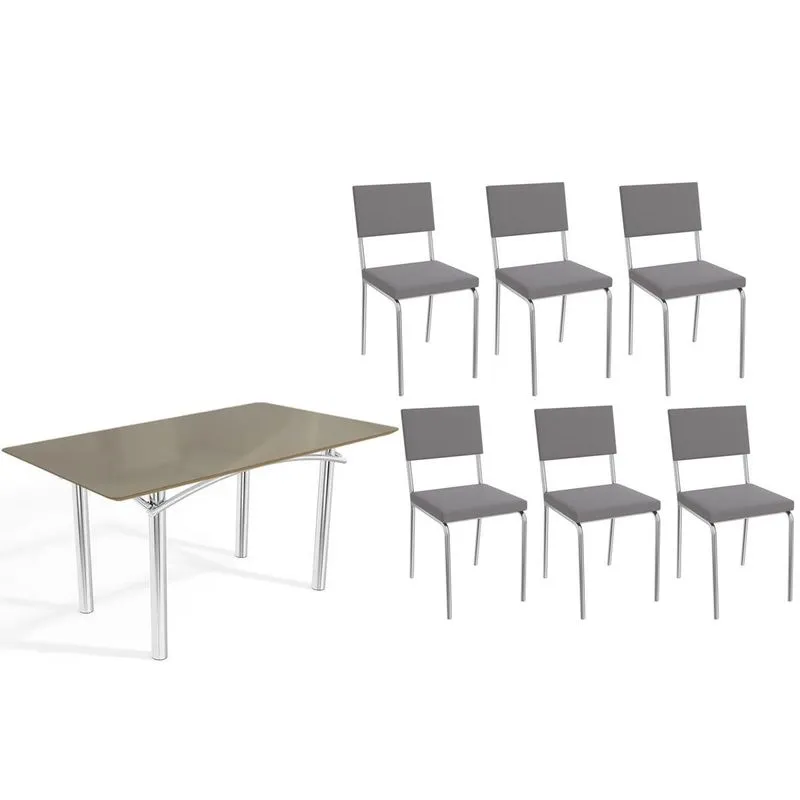 Conjunto: Mesa de Cozinha Elba Tampo Madeirado c/ Vidro 160cm e 6 Cadeiras Zaria Cromada/Freijo Bronze - Suede Cinza - Kappesberg