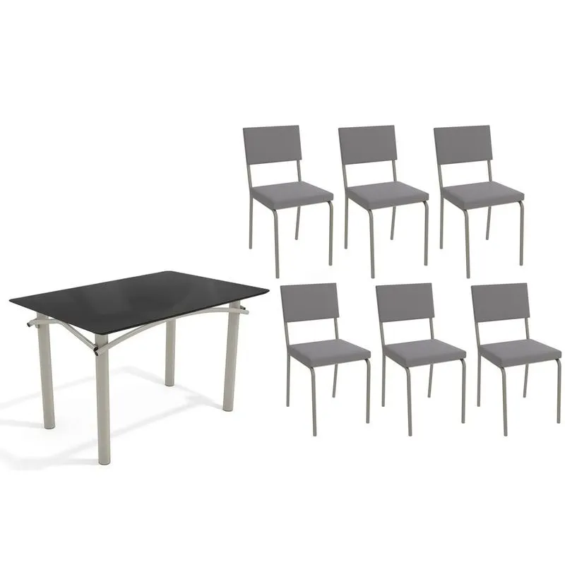 Conjunto: Mesa de Cozinha Elba Tampo Madeirado c/ Vidro 120cm e 6 Cadeiras Zaria Niquel/Preto - Suede Cinza - Kappesberg