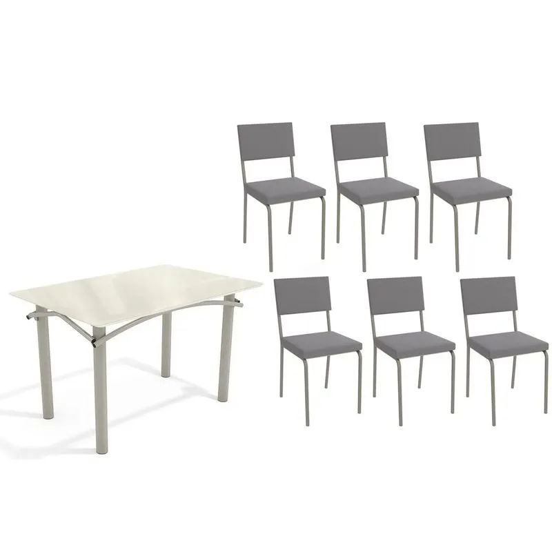 Conjunto: Mesa de Cozinha Elba Tampo Madeirado c/ Vidro 120cm e 6 Cadeiras Zaria Niquel/Off White - Suede Cinza - Kappesberg