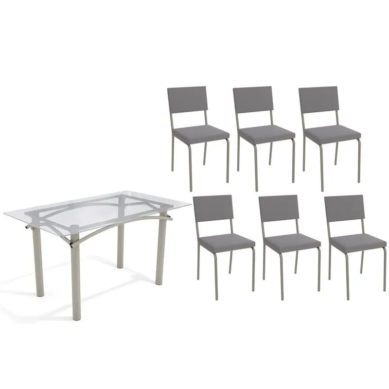 Conjunto: Mesa Sala Jantar Elba c/ Tampo de Vidro 140cm e 6 Cadeiras Zaria Niquel - Suede Cinza - Kappesberg