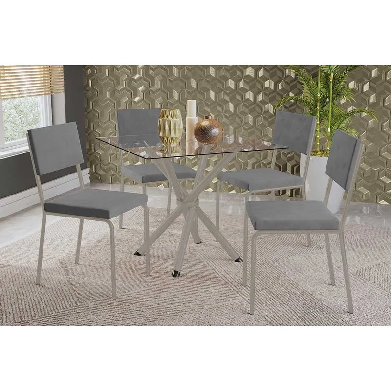 Conjunto: Mesa de Cozinha Volga c/ Tampo de Vidro 90cm e 4 Cadeiras Zaria Niquel - Suede Cinza - Kappesberg