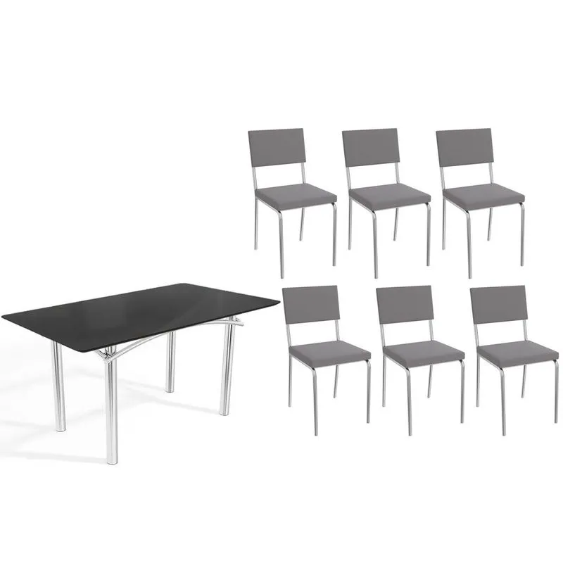 Conjunto: Mesa Sala Jantar Elba Tampo Madeirado c/ Vidro 160cm e 6 Cadeiras Zaria Cromada/Preto - Suede Cinza - Kappesberg