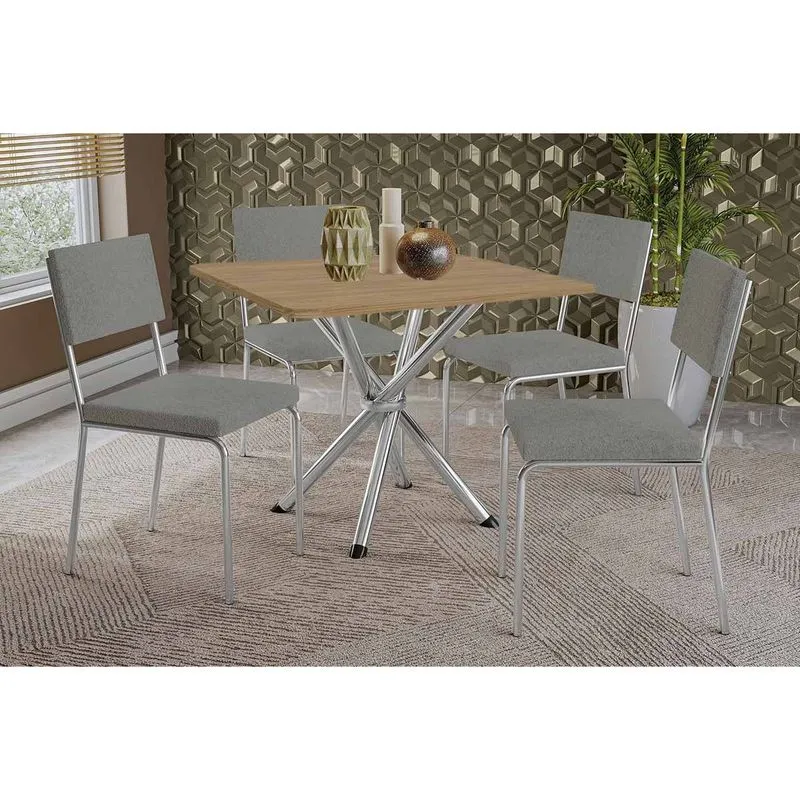 Conjunto: Mesa de Cozinha Volga c/ Tampo de Madeira 90cm e 4 Cadeiras Zaria Cromada/Nogueira - Suede Cinza - Kappesberg