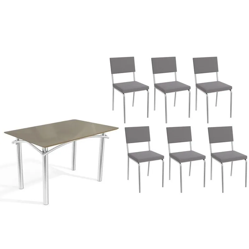 Conjunto: Mesa Sala Jantar Elba Tampo Madeirado c/ Vidro 120cm e 6 Cadeiras Zaria Cromada/Freijo Bronze - Suede Cinza - Kappesberg