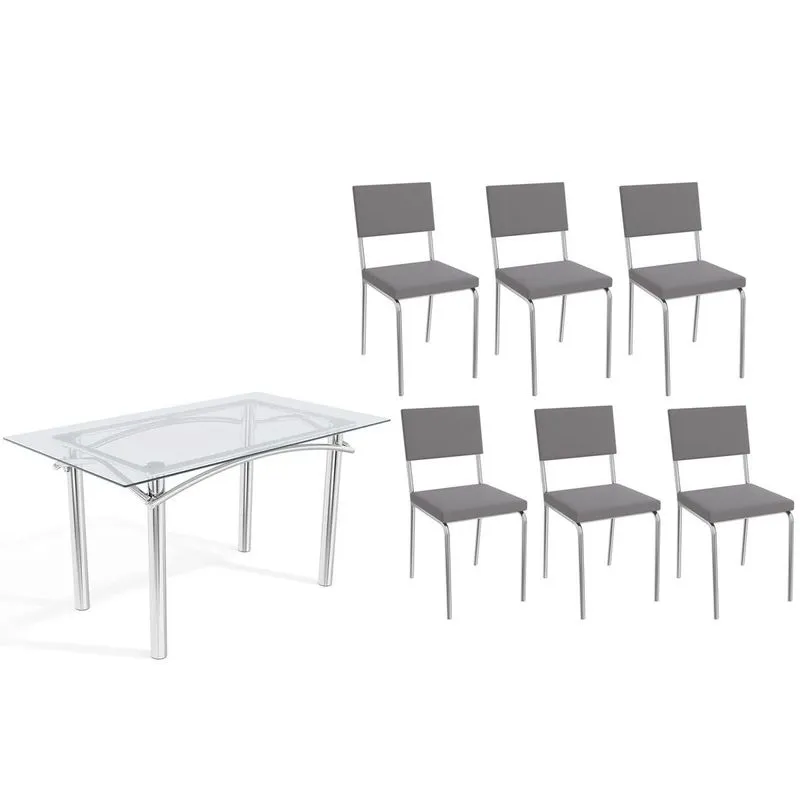 Conjunto: Mesa de Cozinha Elba c/ Tampo de Vidro 140cm e 6 Cadeiras Zaria Cromada - Suede Cinza - Kappesberg