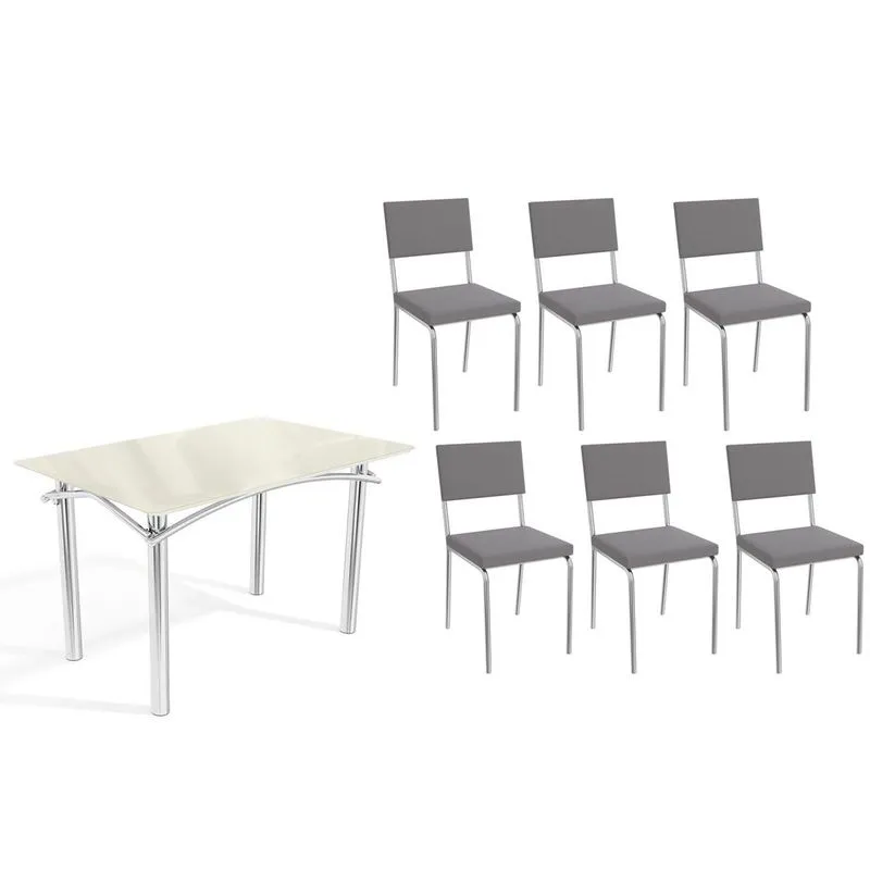 Conjunto: Mesa de Cozinha Elba Tampo Madeirado c/ Vidro 120cm e 6 Cadeiras Zaria Cromada/Off White - Suede Cinza - Kappesberg