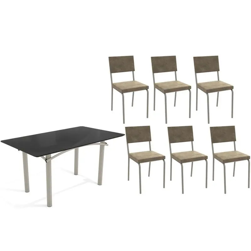 Conjunto: Mesa De Cozinha Elba Tampo Madeirado C/ Vidro 160cm E 6 Cadeiras Zaria Niquel/preto - Suede Bege - Kappesberg