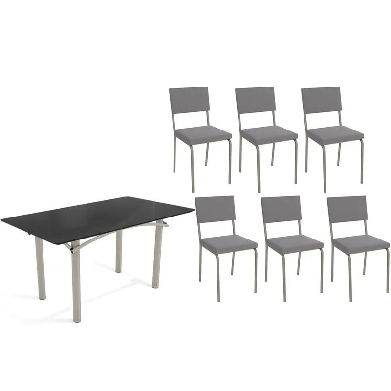 Conjunto: Mesa de Cozinha Elba Tampo Madeirado c/ Vidro 160cm e 6 Cadeiras Zaria Niquel/Preto - Suede Cinza - Kappesberg