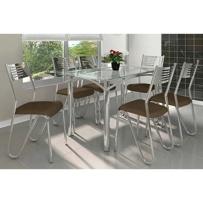 Conjunto: Mesa de Cozinha Elba c/ Tampo de Vidro 140cm e 6 Cadeiras Nápoles Cromada - Courano Marrom - Kappesberg