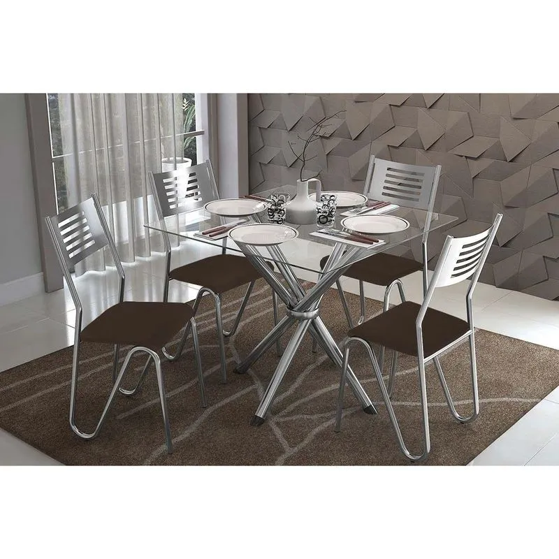 Conjunto: Mesa De Cozinha Volga C/ Tampo De Vidro 90cm E 4 Cadeiras Nápoles Cromada - Marrom - Kappesberg