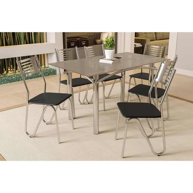 Conjunto: Mesa de Cozinha Elba Tampo Madeirado c/ Vidro 160cm e 6 Cadeiras Nápoles Cromada/Freijo Bronze - Courano Preto - Kappesberg