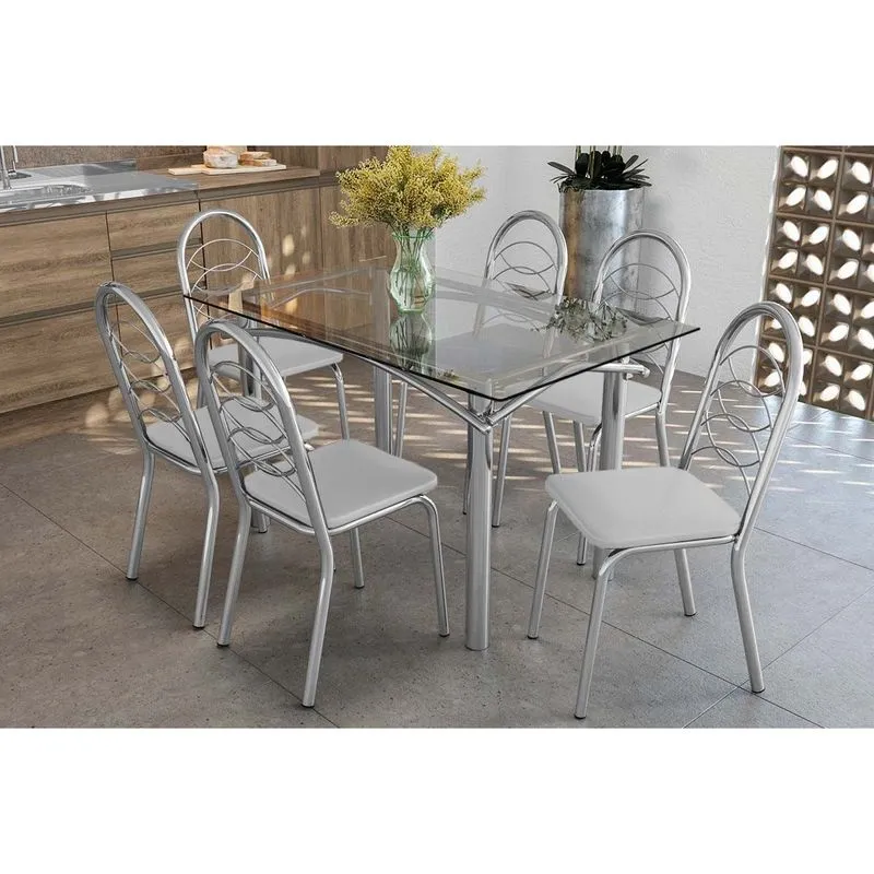 Conjunto: Mesa Sala Jantar Elba c/ Tampo de Vidro 140cm e 6 Cadeiras Holanda Cromada - Courano Branco - Kappesberg