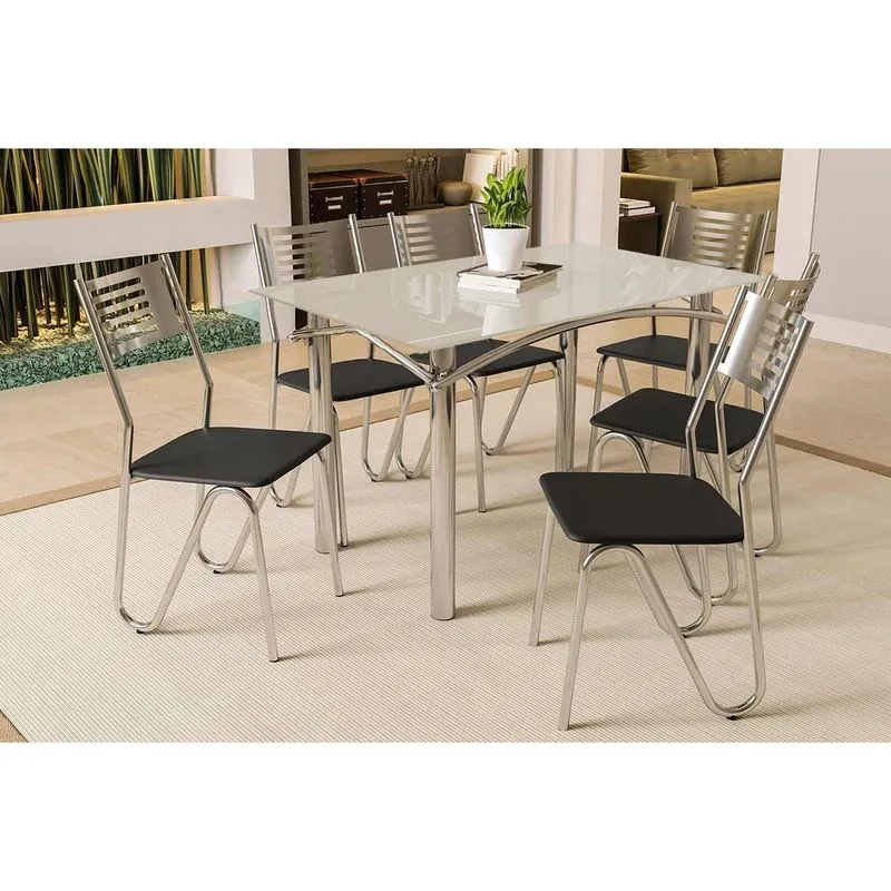 Conjunto: Mesa de Cozinha Elba Tampo Madeirado c/ Vidro 120cm e 6 Cadeiras Nápoles Cromada/Off White - Courano Preto - Kappesberg