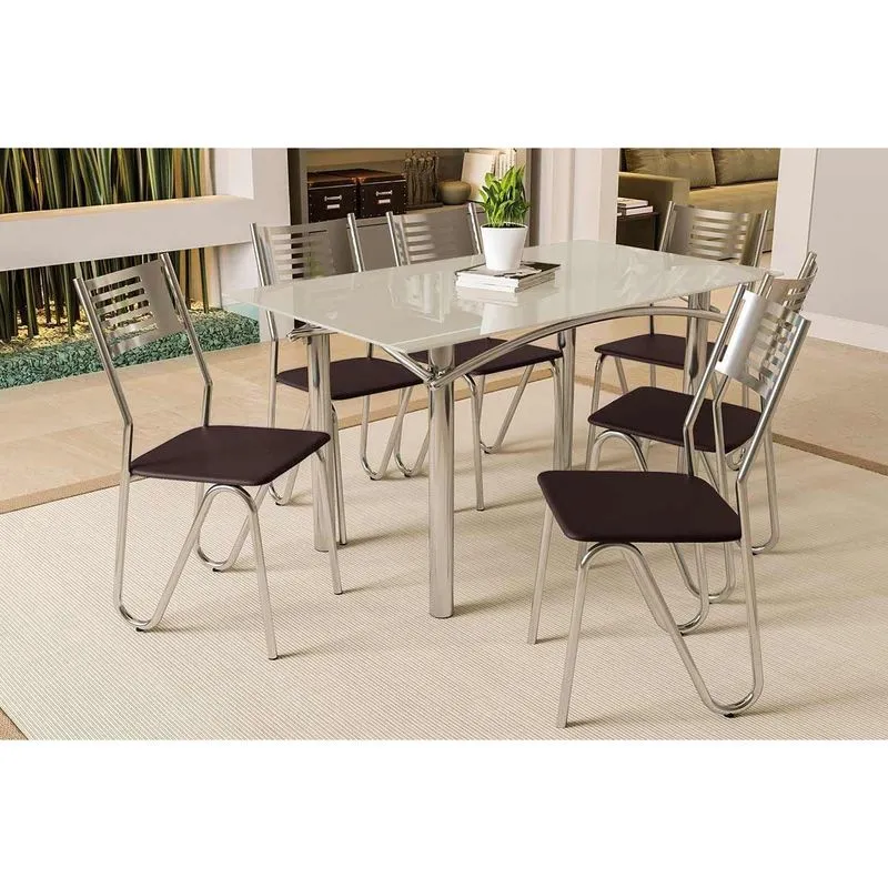 Conjunto: Mesa De Cozinha Elba Tampo Madeirado C/ Vidro 160cm E 6 Cadeiras Nápoles Cromada/off White - Courano Marrom - Kappesberg