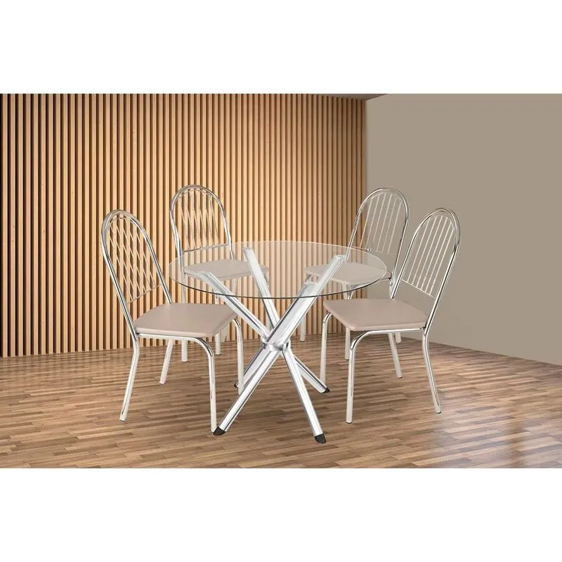 Conjunto: Mesa de Cozinha Volga c/ Tampo de Vidro 95cm e 4 Cadeiras Noruega Cromada - Courano Bege - Kappesberg