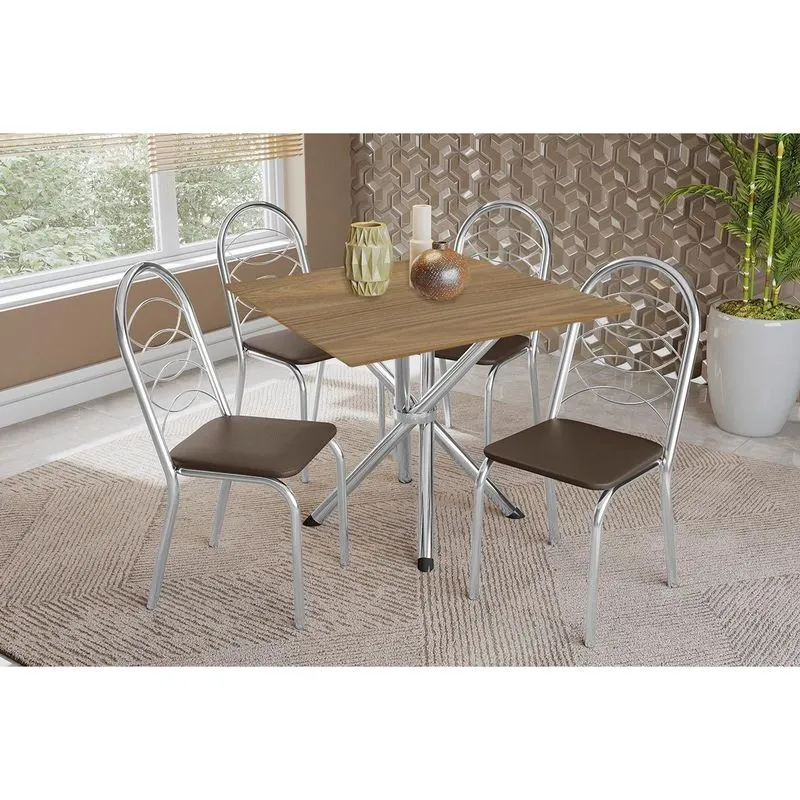 Conjunto: Mesa de Cozinha Volga c/ Tampo de Madeira 90cm e 4 Cadeiras Holanda Cromado/Nogueira - Marrom - Kappesberg