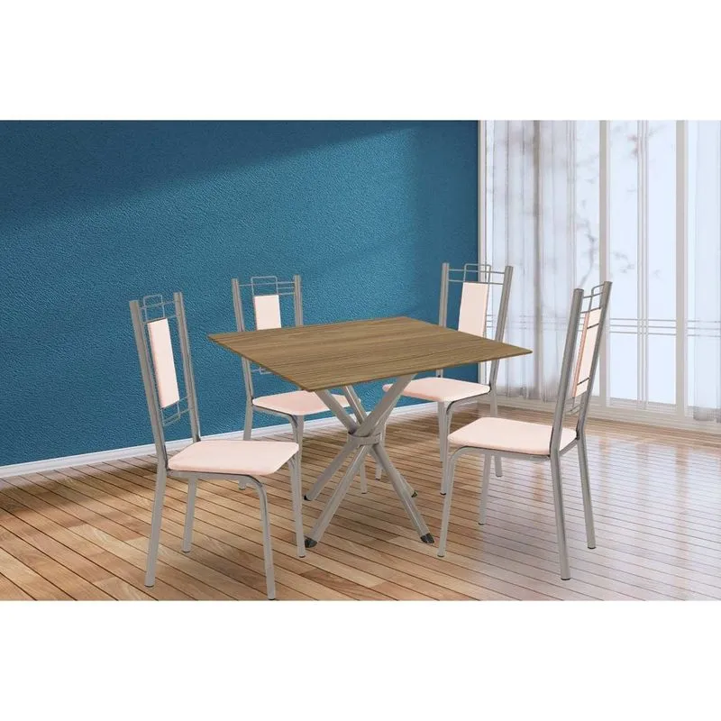 Conjunto: Mesa de Cozinha Volga c/ Tampo de Madeira 90cm e 4 Cadeiras Florença Niquel/Nogueira - Bege - Kappesberg