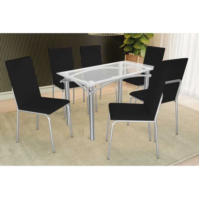 Conjunto: Mesa Sala Jantar Elba c/ Tampo de Vidro 120cm e 6 Cadeiras Amsterdã Cromada - Courano Preto - Kappesberg