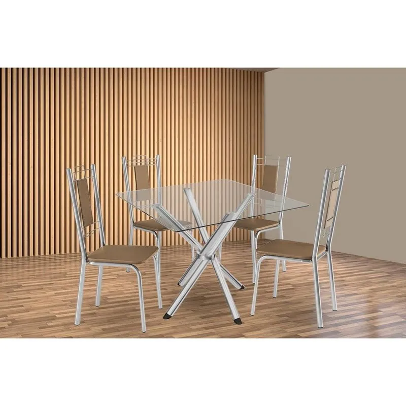 Kit 4 Cadeiras Sala Jantar Volga c/ Tampo de Vidro 90cm e 4 Cadeiras Florença Cromada - Courano Capuccino - Kappesberg