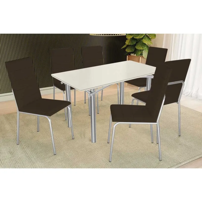 Conjunto: Mesa Sala Jantar Elba Tampo Madeirado c/ Vidro 160cm e 6 Cadeiras Amsterdã Cromada/Off White - Courano Marrom - Kappesberg