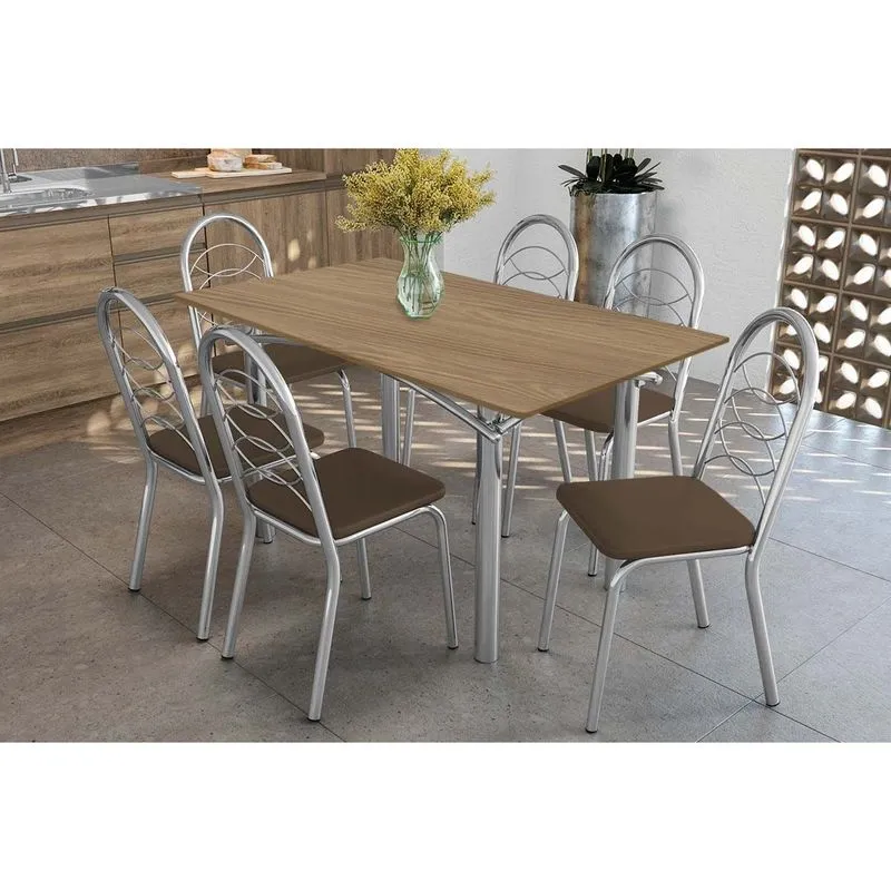 Conjunto: Mesa Sala Jantar Elba c/ Tampo de Madeira 160cm e 6 Cadeiras Holanda Cromada/Nogueira - Courano Marrom - Kappesberg
