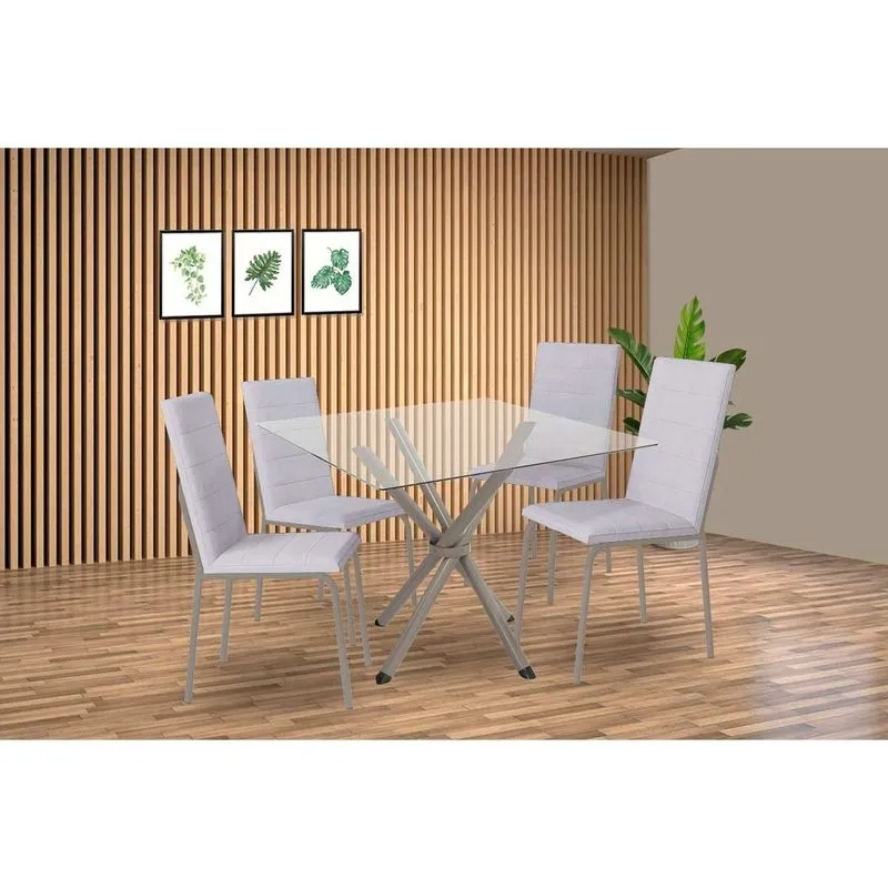 Conjunto: Mesa de Cozinha Volga c/ Tampo de Vidro 90cm e 4 Cadeiras Amsterdã Niquel - Courano Branco - Kappesberg