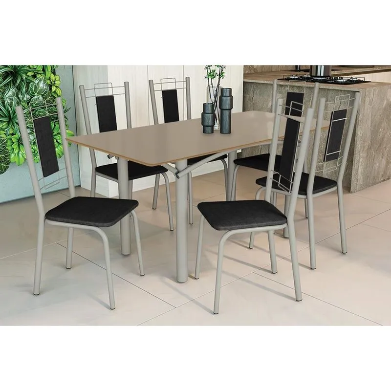 Conjunto: Mesa Sala Jantar Elba Tampo Madeirado c/ Vidro 160cm e 6 Cadeiras Florença Niquel/Freijo Bronze - Courano Preto - Kappesberg