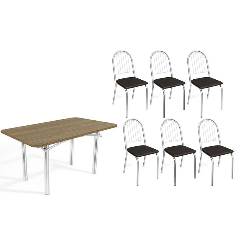 Conjunto: Mesa Sala Jantar Elba c/ Tampo de Madeira 160cm e 6 Cadeiras Noruega Cromada/Nogueira - Courano Preto - Kappesberg