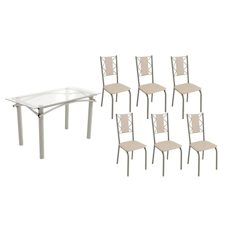 Conjunto: Mesa Sala Jantar Elba c/ Tampo de Vidro 140cm e 6 Cadeiras Lisboa Niquel - Courano Bege - Kappesberg