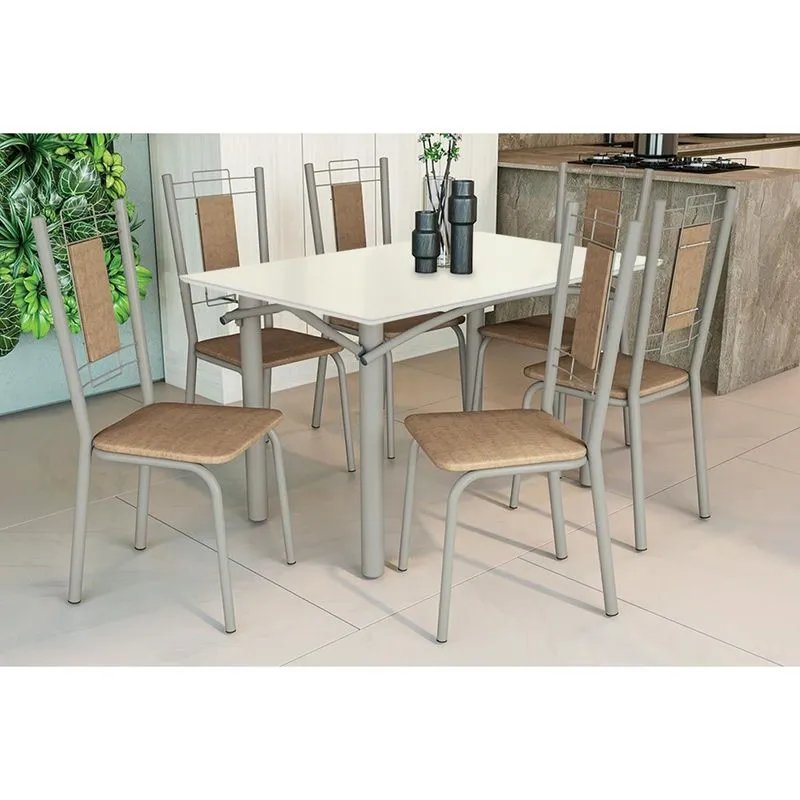 Conjunto: Mesa Sala Jantar Elba Tampo Madeirado c/ Vidro 120cm e 6 Cadeiras Florença Niquel/Off White - Courano Capuccino - Kappesberg