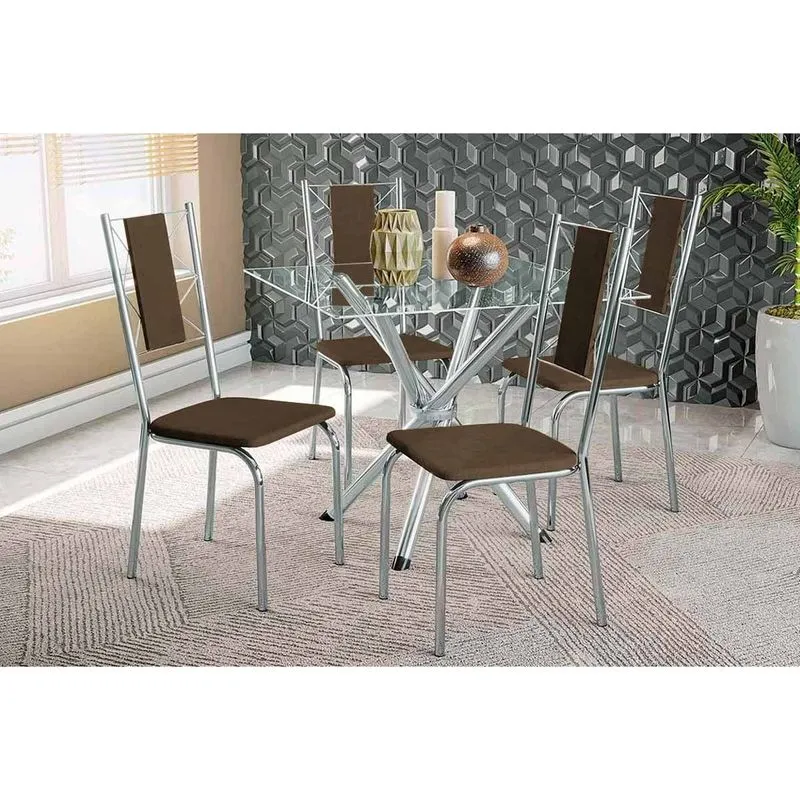 Conjunto: Mesa de Cozinha Volga c/ Tampo de Vidro 90cm e 4 Cadeiras Lisboa Cromada - Courano Marrom - Kappesberg