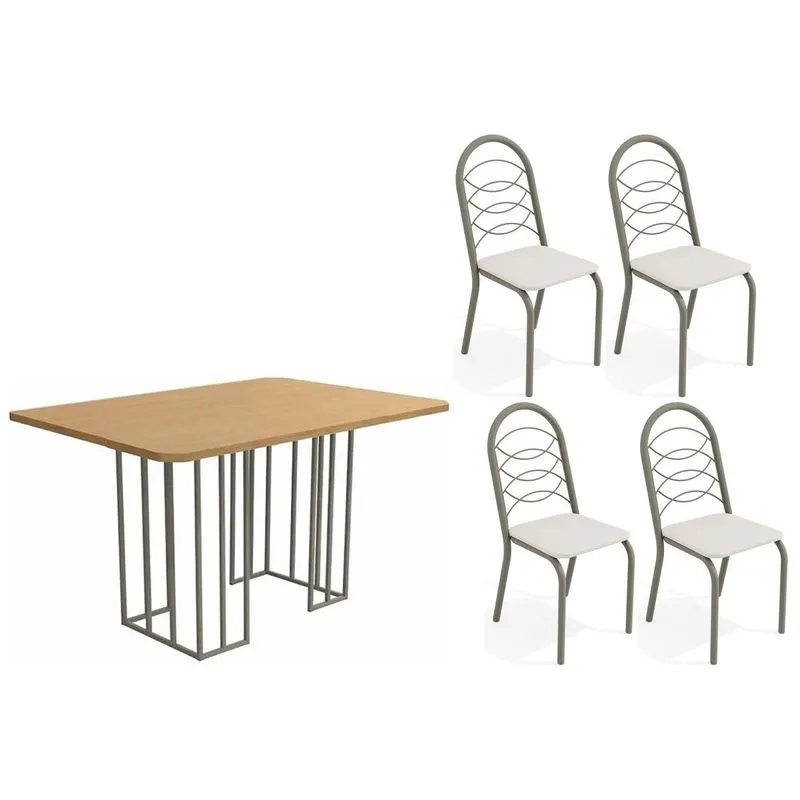 Conjunto: Mesa de Cozinha Duina c/ Tampo de Madeira 136cm e 4 Cadeiras Holanda Niquel/Freijo - Courano Branco - Kappesberg