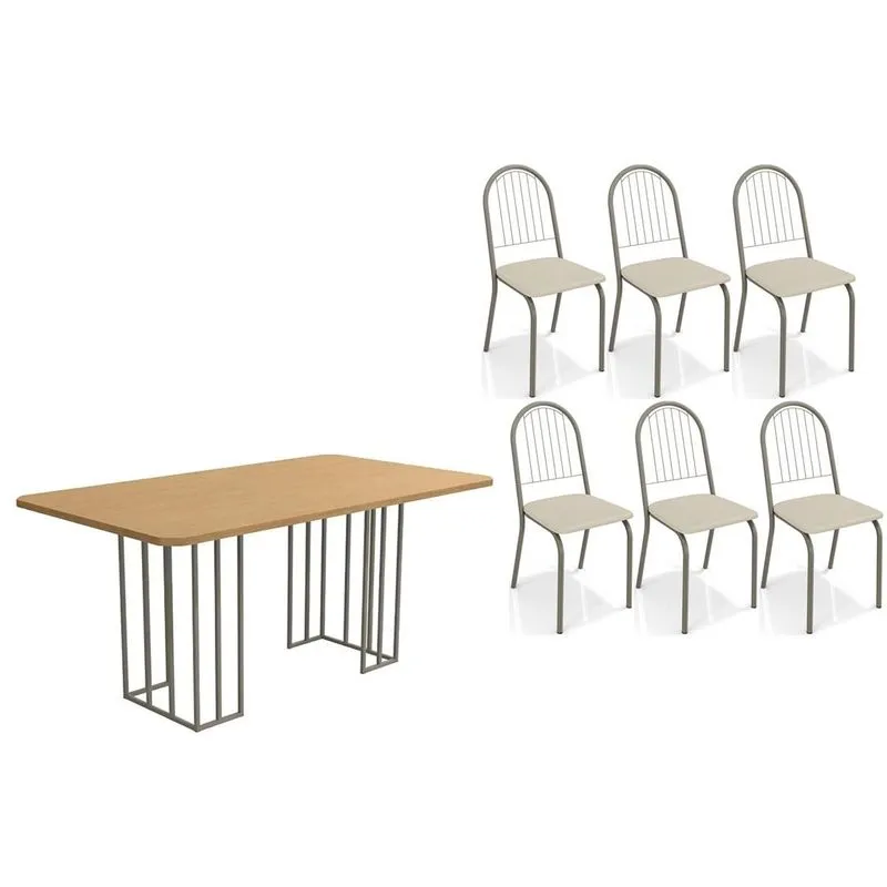 Conjunto: Mesa de Cozinha Duina c/ Tampo de Madeira 160cm e 6 Cadeiras Noruega Niquel/Freijo - Courano Bege - Kappesberg