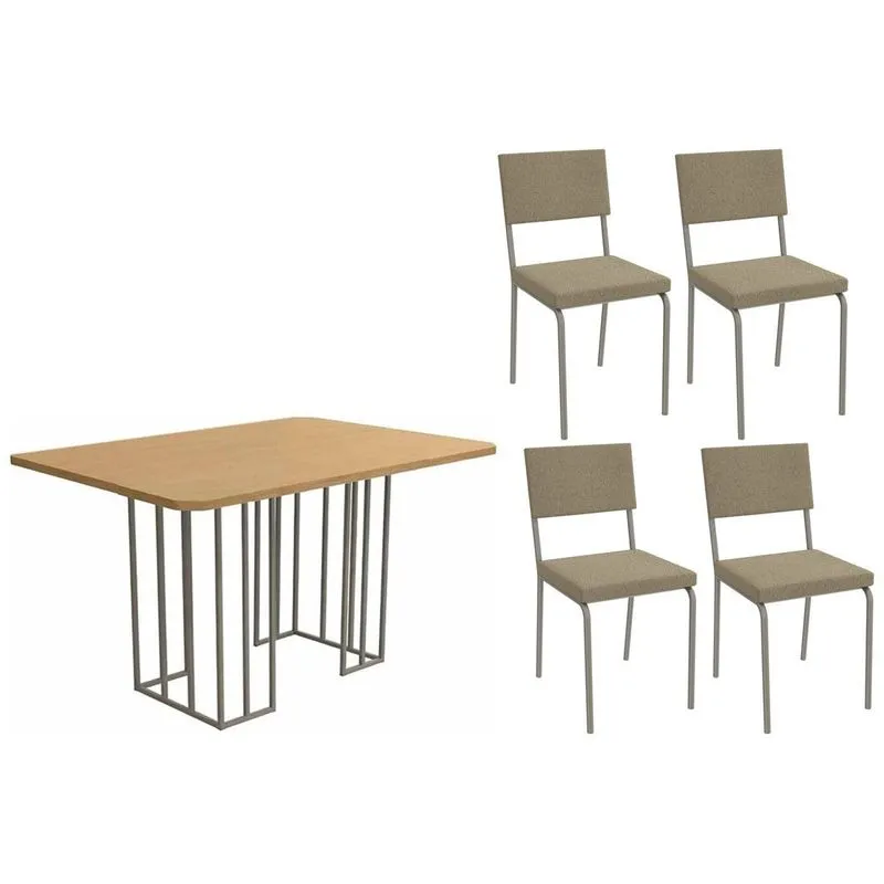 Conjunto: Mesa de Cozinha Duina c/ Tampo de Madeira 136cm e 4 Cadeiras Zaria Niquel/Freijo - Boucle Bege - Kappesberg