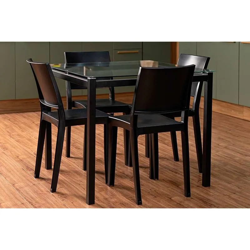 Conjunto: Mesa de Cozinha Reno c/ Tampo de Vidro 90x90cm e 4 Cadeiras Hydra Plus Preto - Kappesberg
