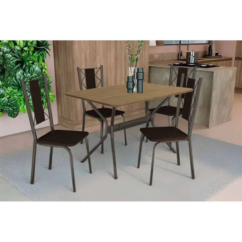 Conjunto: Mesa de Cozinha Loire Tampo Madeirado 90x160cm e 4 Cadeiras Lisboa Bronze/Freijo - Marrom - Kappesberg