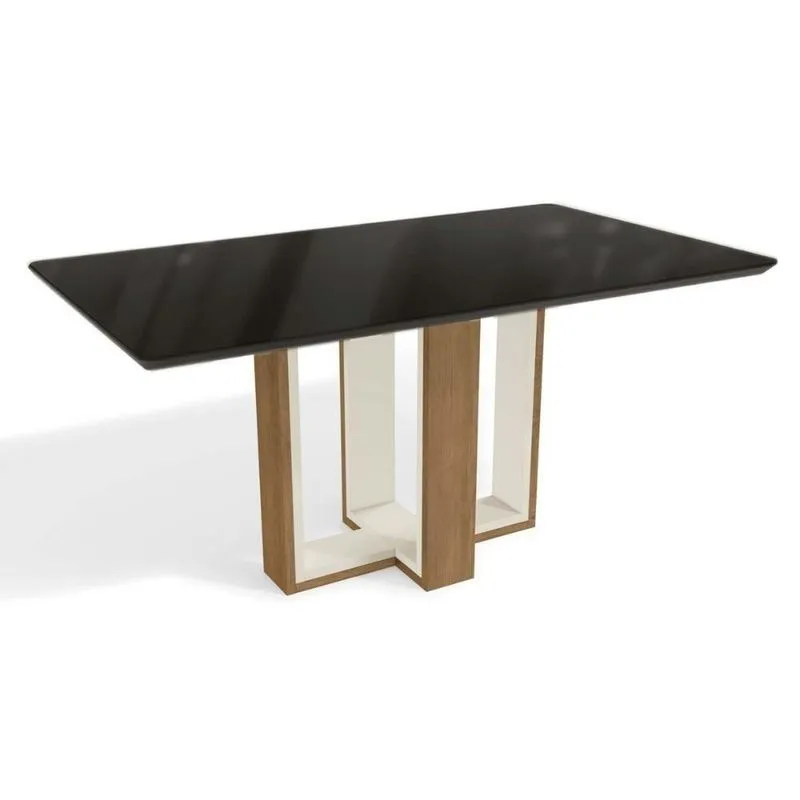 Mesa Multiuso Cozinha Centella Com Tampo Madeirado Com Vidro 160x90cm Freijo Off White Preto Kappesberg