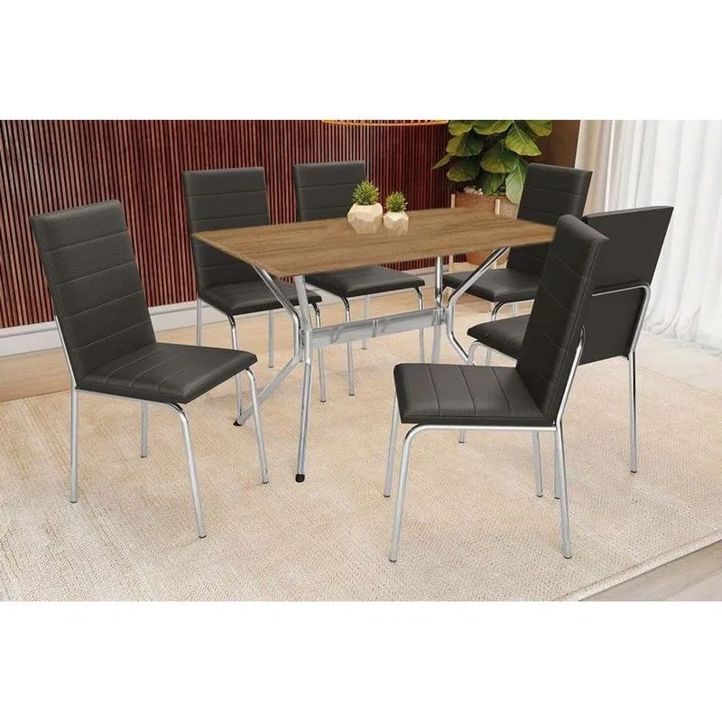 Conjunto: Mesa de Cozinha Loire c/ Tampo de Madeira 160cm e 6 Cadeiras Amsterdã Cromada/Preto - Kappesberg