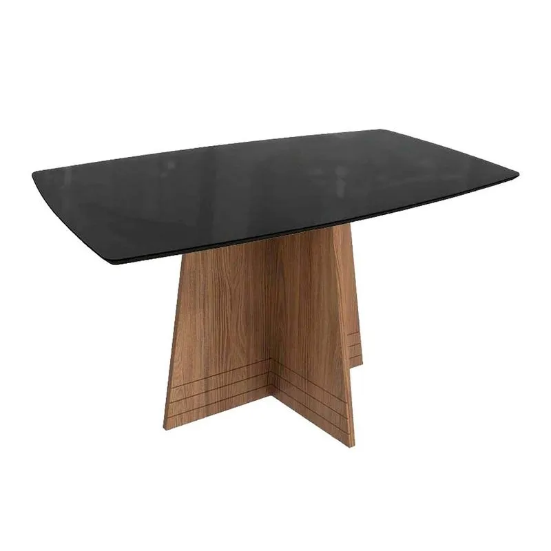 Mesa Multiuso Cozinha Lótus c/ Tampo Madeirado c/ Vidro 90x170cm Nogueira/Preto fosco/Vidro preto - Kappesberg