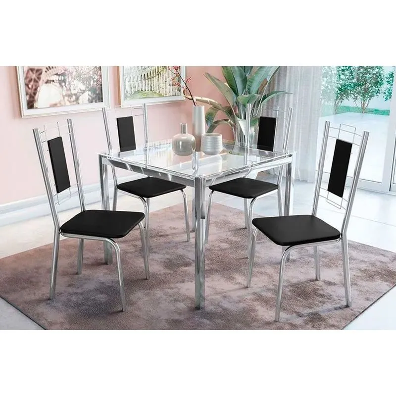 Conjunto: Mesa de Cozinha Reno c/ Tampo de Vidro 90x90cm e 4 Cadeiras Lisboa Cromada - Courano Preto - Kappesberg