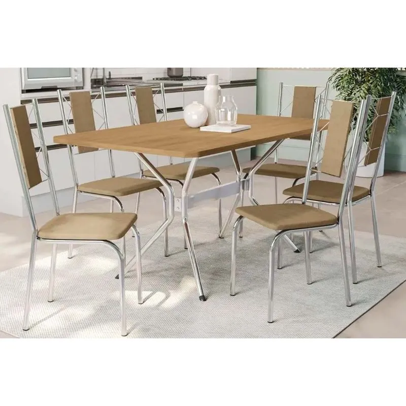 Conjunto: Mesa de Cozinha Loire Tampo Madeirado 90x160cm e 6 Cadeiras Lisboa Cromado/Nogueira - Capuccino - Kappesberg