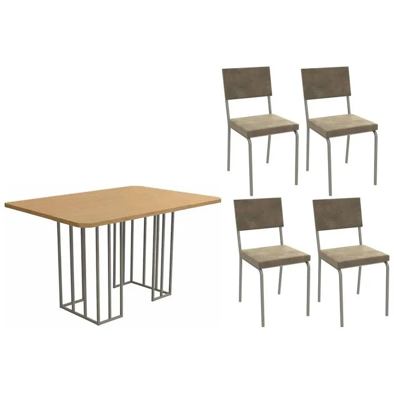 Conjunto: Mesa Sala Jantar Duina c/ Tampo de Madeira 136cm e 4 Cadeiras Zaria Niquel/Freijo - Suede Bege - Kappesberg