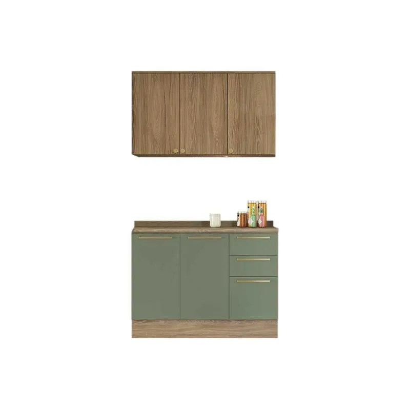Kit de Cozinha Completa 3 Peças Botanic (1Aéreo+1Balcão+1Complemento) C3P15 Nogueira/Verde Oliva - Kappesberg