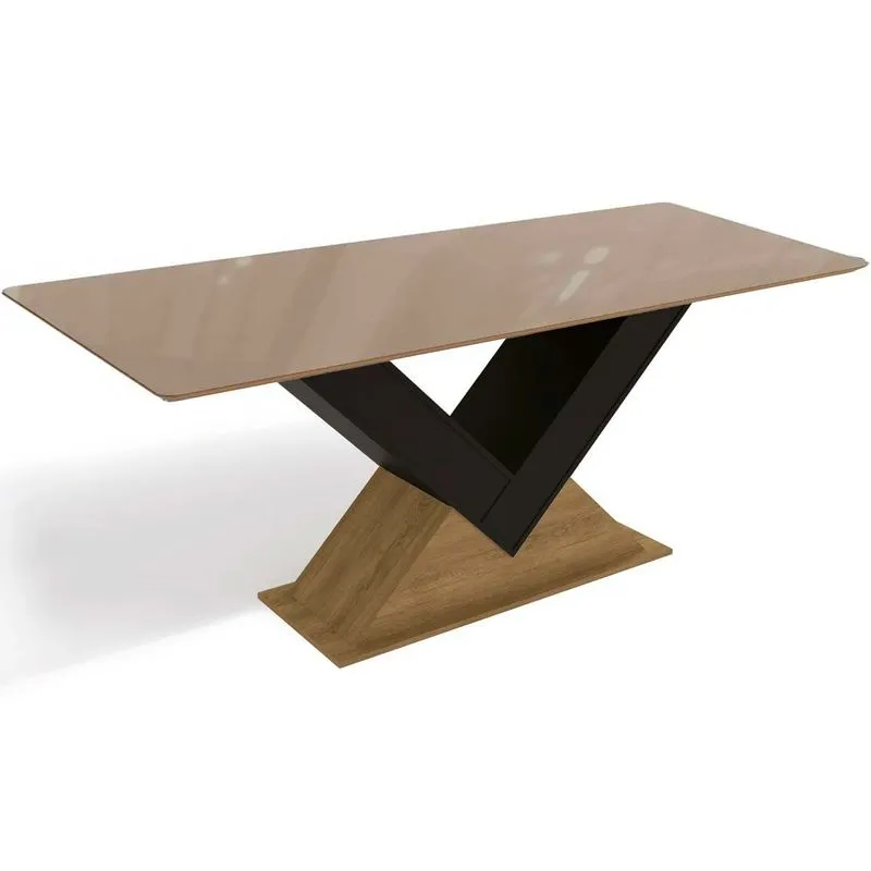 Mesa p/ Cozinha Amora c/ Tampo Madeirado c/ Vidro 160x90cm Freijo/Bronze - Kappesberg
