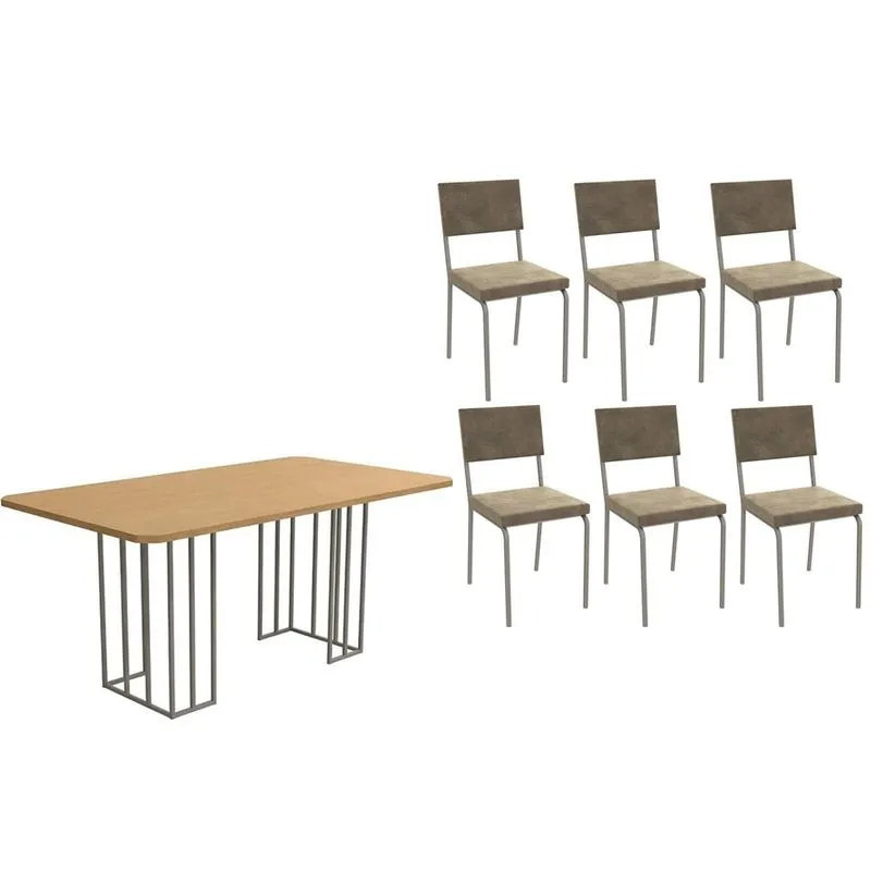 Sala de Jantar Completa Duina c/ Tampo de Madeira 160cm e 6 Cadeiras Zaria Niquel/Freijo - Suede Bege - Kappesberg