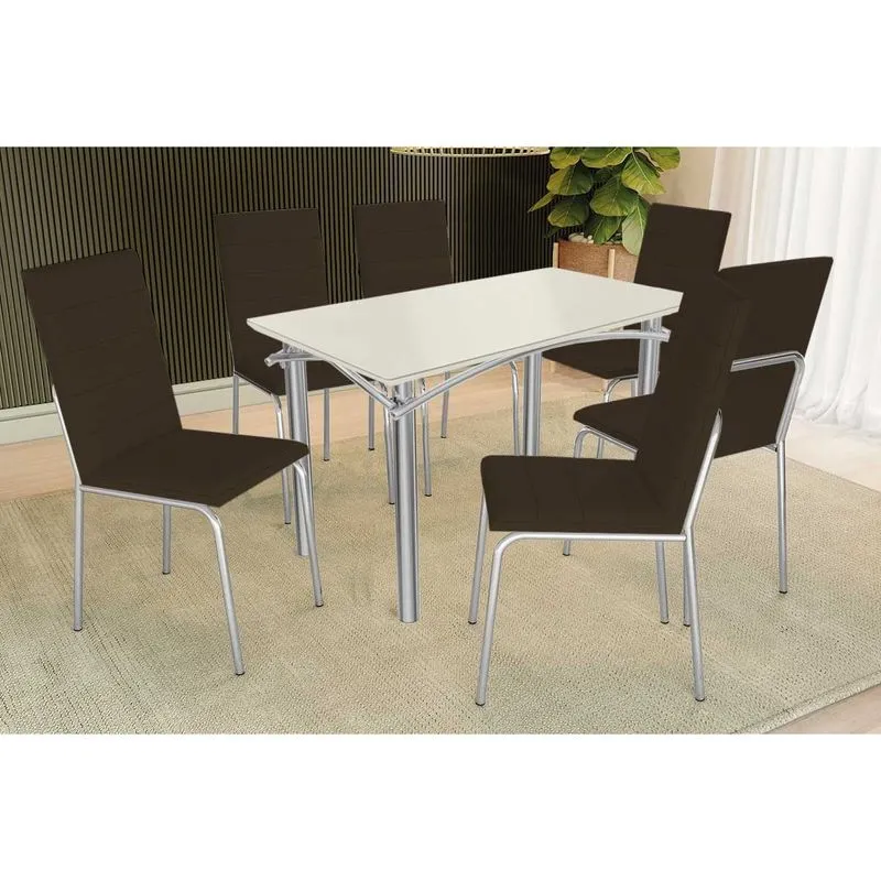 Sala de Jantar Completa Elba Tampo Madeirado c/ Vidro 120cm e 6 Cadeiras Amsterdã Cromada/Off White - Courano Marrom - Kappesberg