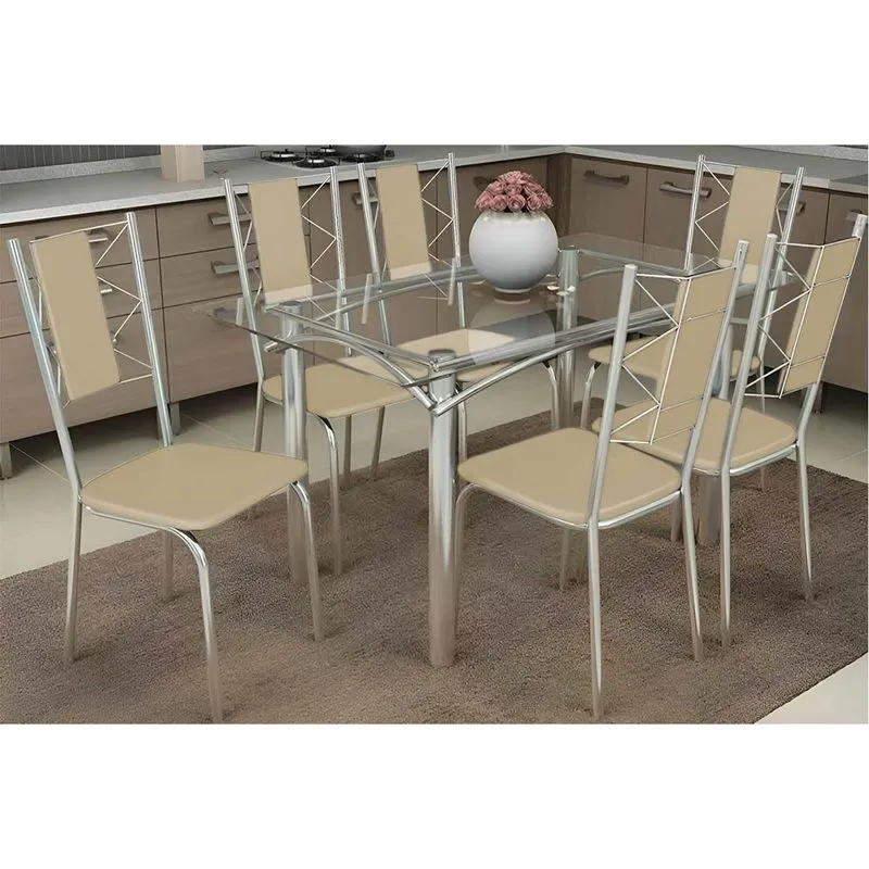 Sala de Jantar Completa Elba c/ Tampo de Vidro 120cm e 6 Cadeiras Lisboa Cromada - Courano Bege - Kappesberg