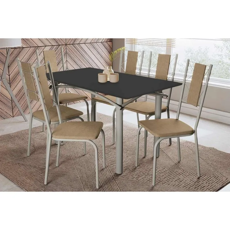 Sala de Jantar Completa Elba Tampo Madeirado c/ Vidro 160cm e 6 Cadeiras Lisboa Niquel/Preto - Courano Capuccino - Kappesberg