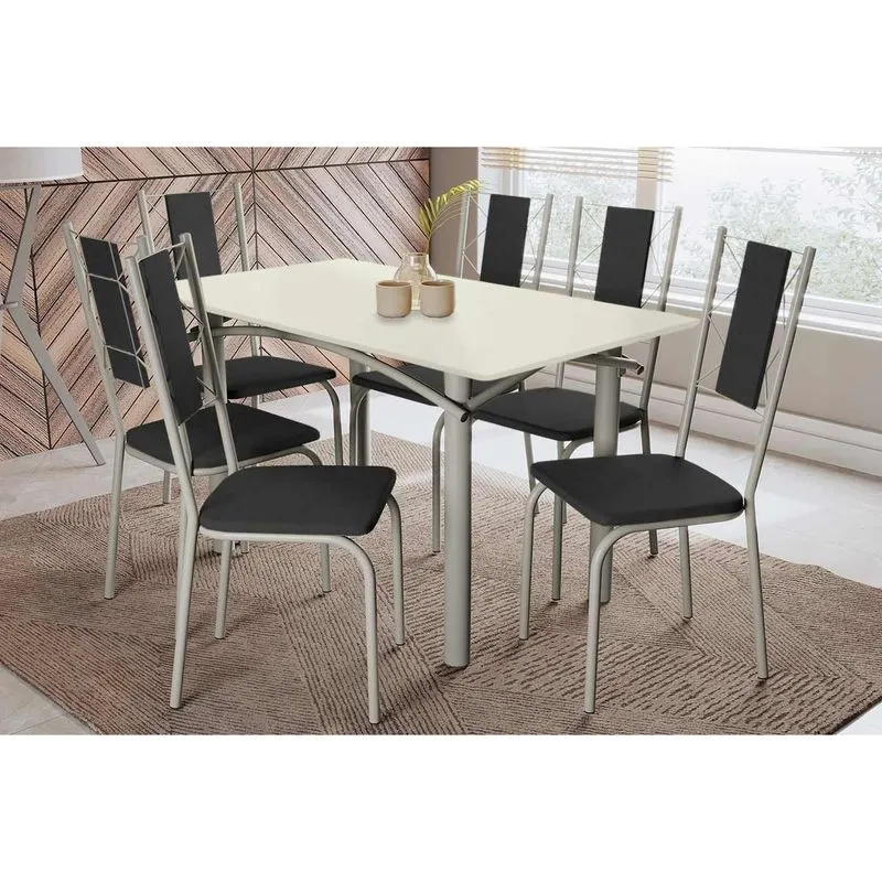 Sala de Jantar Completa Elba Tampo Madeirado c/ Vidro 160cm e 6 Cadeiras Lisboa Niquel/Off White - Courano Preto - Kappesberg